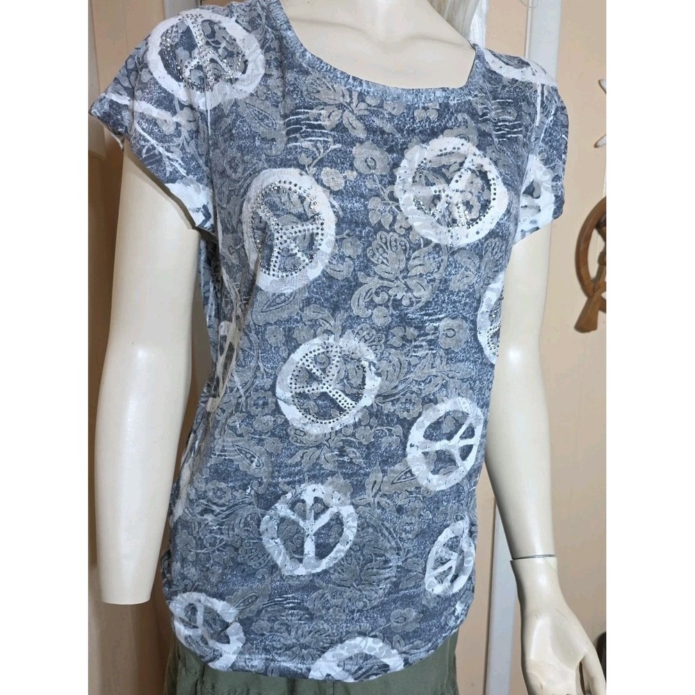 Womens Y2K 2000s Grunge Burnout Peace Sign Sheer Graphic‎ Top L Cute Baby Doll